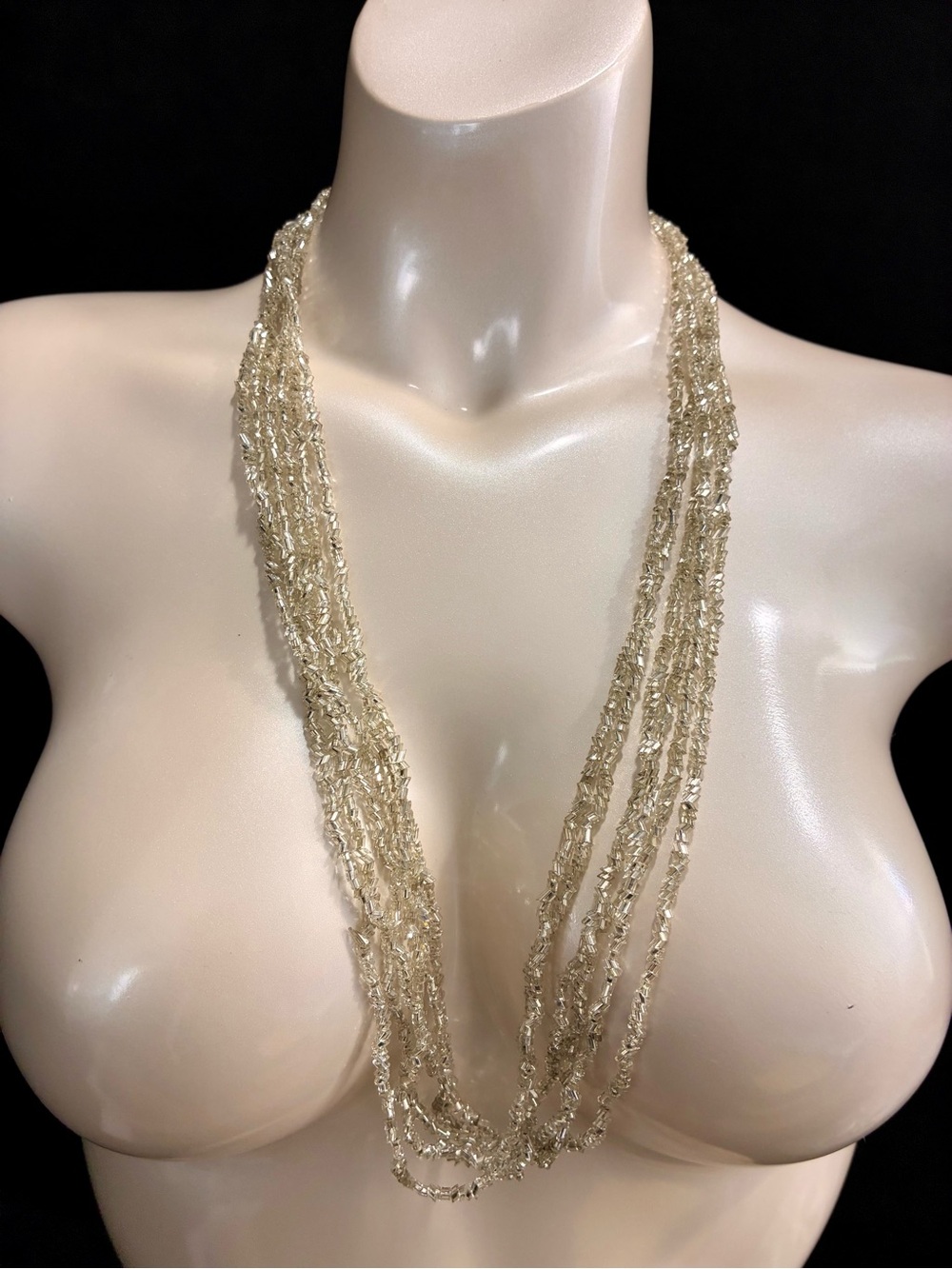 Multi-Strand Silver Lined Glass Beaded Statement Necklace Coastal Classic EUC